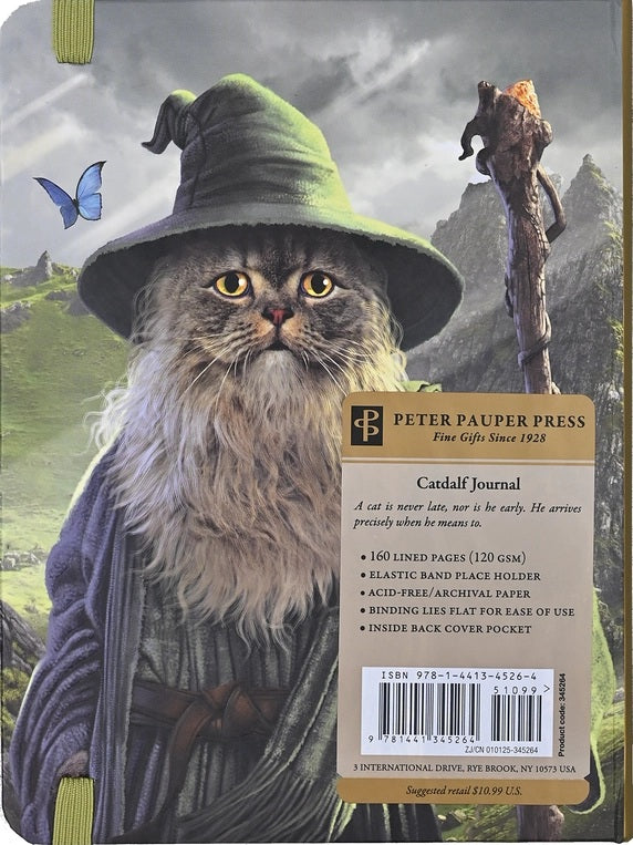 Cat in a wizard costume with a hat and beard, holding a staff, on the cover of a Catdalf Journal (Diary, Notebook) Peter Pauper Press product.