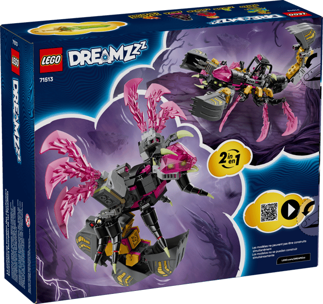 LEGO DREAMZzz: Nightmare Scorpion Digger set packaging with two robot figures on a purple background