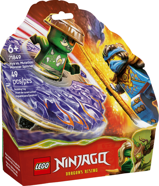 LEGO Ninjago: Nya vs. Mutation Monster Spinner packaging with two characters and product details on a transparent background