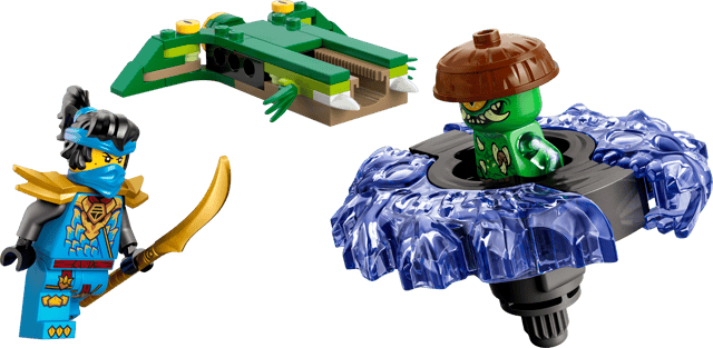 LEGO Ninjago: Nya vs. Mutation Monster Spinner figure with blue mask and yellow weapon, green character with brown hat on blue platform, and blue and gray vehicle on transparent background.
