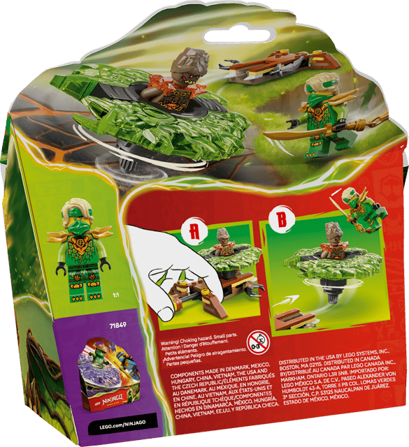 LEGO Ninjago: Lloyd vs. Earth Monster Spinner packaging with figures and accessories on a green and red background