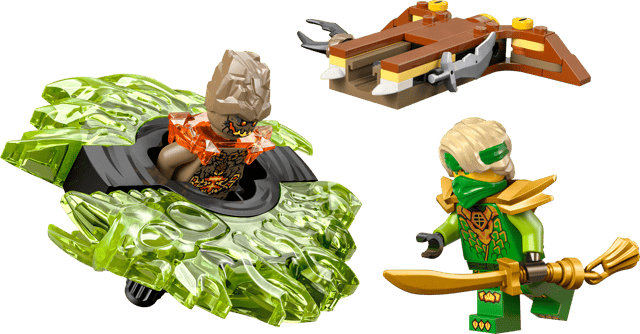 LEGO Ninjago: Lloyd vs. Earth Monster Spinner figure with green outfit and helmet, surrounded by a green vehicle-like object on a transparent background.