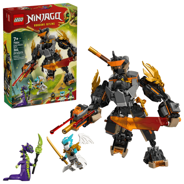 LEGO Ninjago: Cole's Mission Mech & Dragon Zane set with figures and packaging on a white background