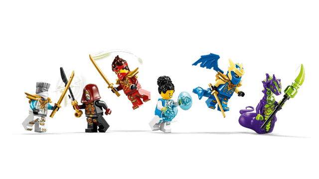 Set of colorful LEGO Ninjago: Ninja Vehicle Tree House Battle minifigures on a transparent background