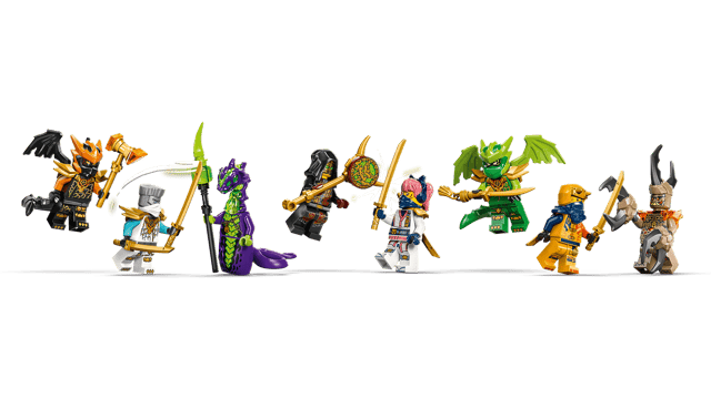 Row of colorful LEGO Ninjago: The Dragon of Life figures on a white background