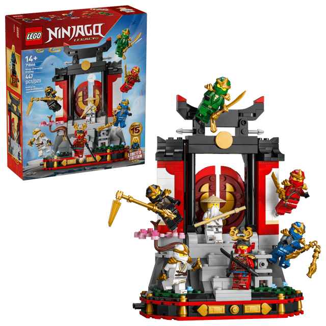 LEGO Ninjago: Ninja Character Display 15th Anniversary set with characters and temple-like structure next to its packaging