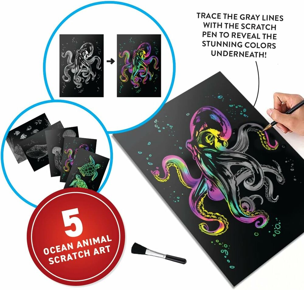 VR Oceans Discover Kit with ocean animal designs, a scratch pen, and revealed colorful artwork.