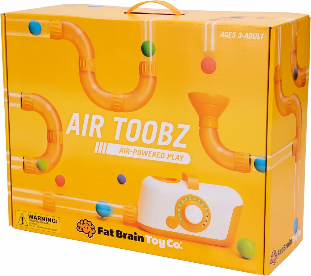 Box of Air Toobz toy set by Fat Brain Toy Co with colorful pipes and pump on a yellow background.