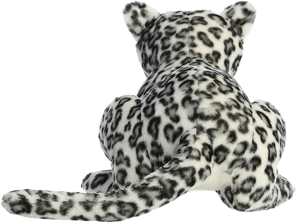 Plush toy leopard with black and white pattern on a white background