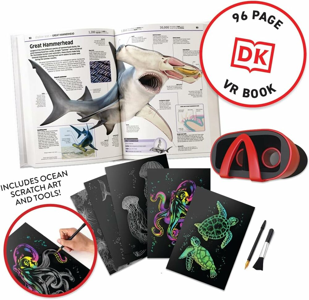 VR Oceans Discover Box with shark illustration, scratch art sheets, and VR headset on a white background.