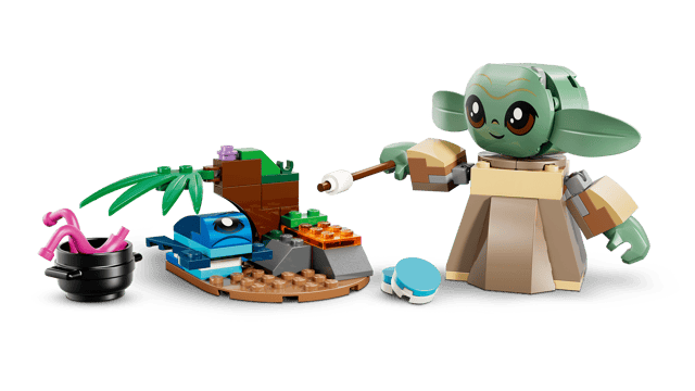 LEGO Star Wars: Grogu's Homestead figure of a baby Grogu holding a marshmallow on a transparent background.