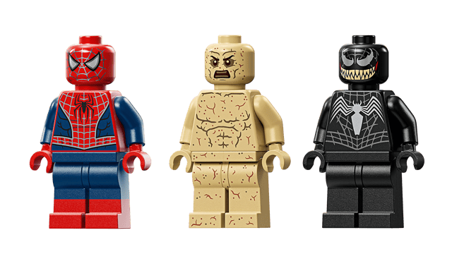 Three LEGO Super Heroes Marvel: Epic Battle: Spider-Man vs. Sandman figures of Spider-Man, Sandman, and Venom on a transparent background