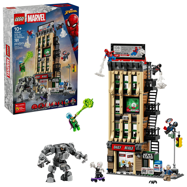 LEGO Super Heroes Marvel: Spider-Man vs. Mysterio: The Daily Bugle set with packaging, figures, and detailed building model on a clear background