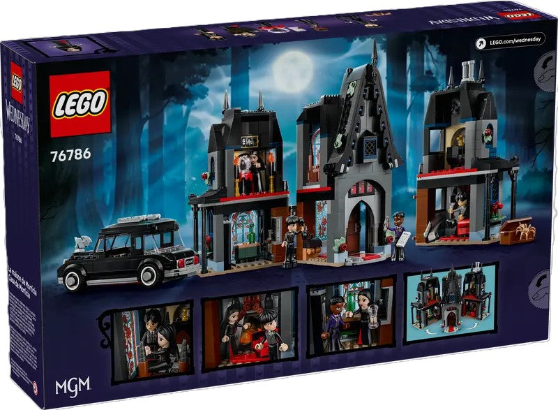 LEGO 'Wednesday' set with gothic house and characters, including packaging.