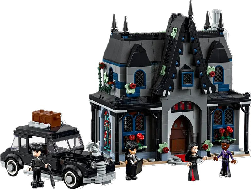 LEGO 'Wednesday' set with gothic house and characters, including packaging.