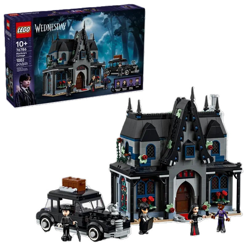 LEGO 'Wednesday' set with gothic house and characters, including packaging.