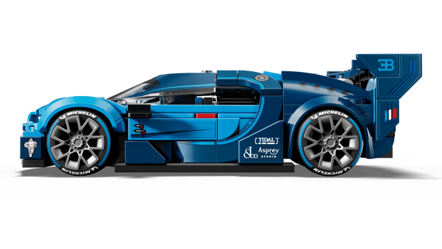 Blue LEGO Speed Champions: Bugatti Vision GT Hyper Sports Car model on a transparent background