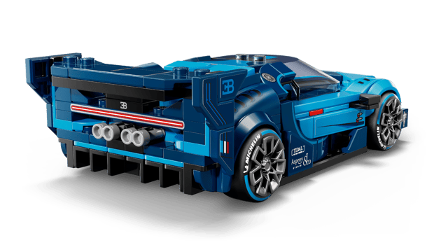 Blue toy LEGO Speed Champions: Bugatti Vision GT Hyper Sports Car made of interlocking bricks on a transparent background