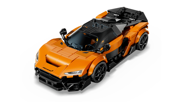 Orange and black LEGO Speed Champions: McLaren W1 car model on a transparent background