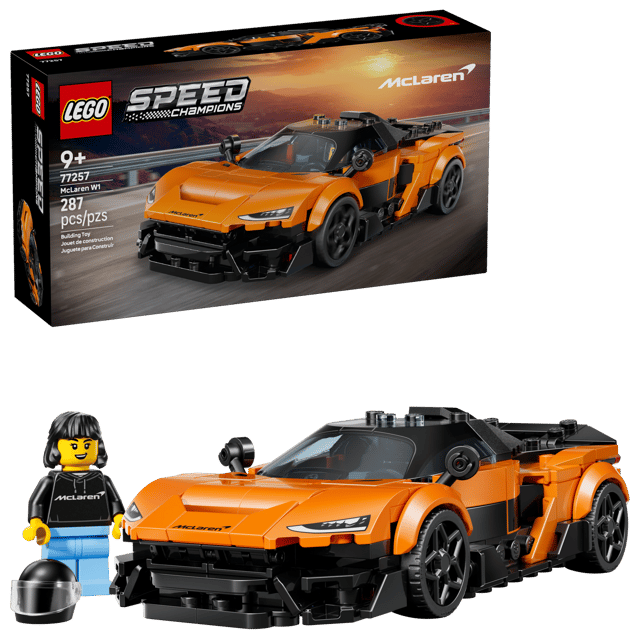 LEGO Speed Champions: McLaren W1 set with packaging and assembled model on a white background
