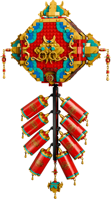 LEGO Chinese Festivals: Fortune Firecracker with red base, gold accents, and blue and green decorative elements on a transparent background.