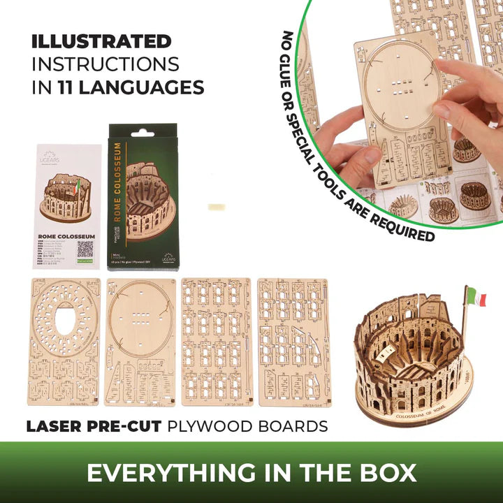 Wooden UGears Rome Colosseum 3D Wooden Model Kit with laser-cut plywood boards, illustrated instructions, and a completed model of the Colosseum.