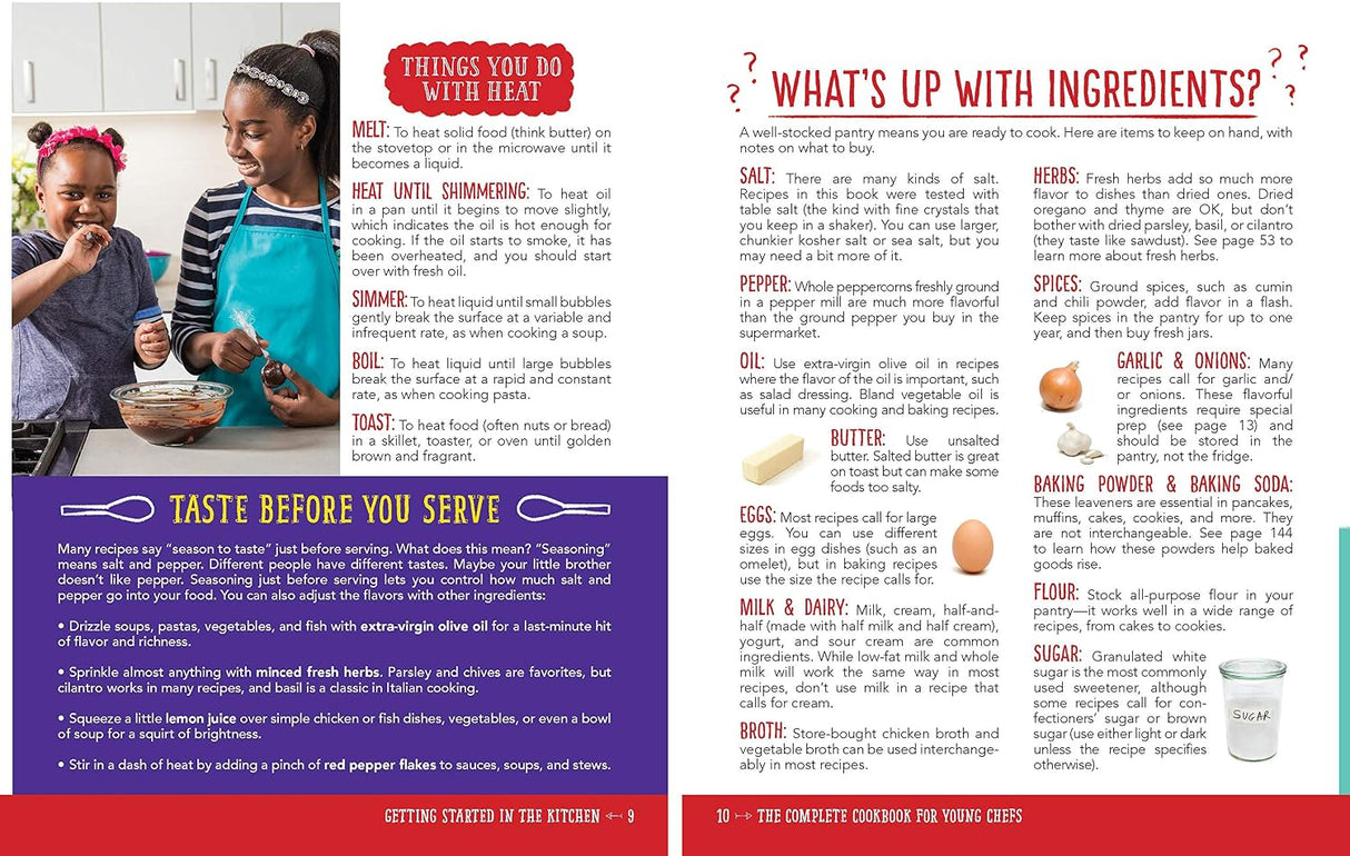 Page from a cookbook with text and images of ingredients and cooking tips.
