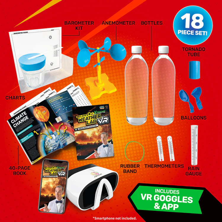 Bill Nye's Xtreme Weather VR educational weather kit with VR goggles, books, and various components on a red background