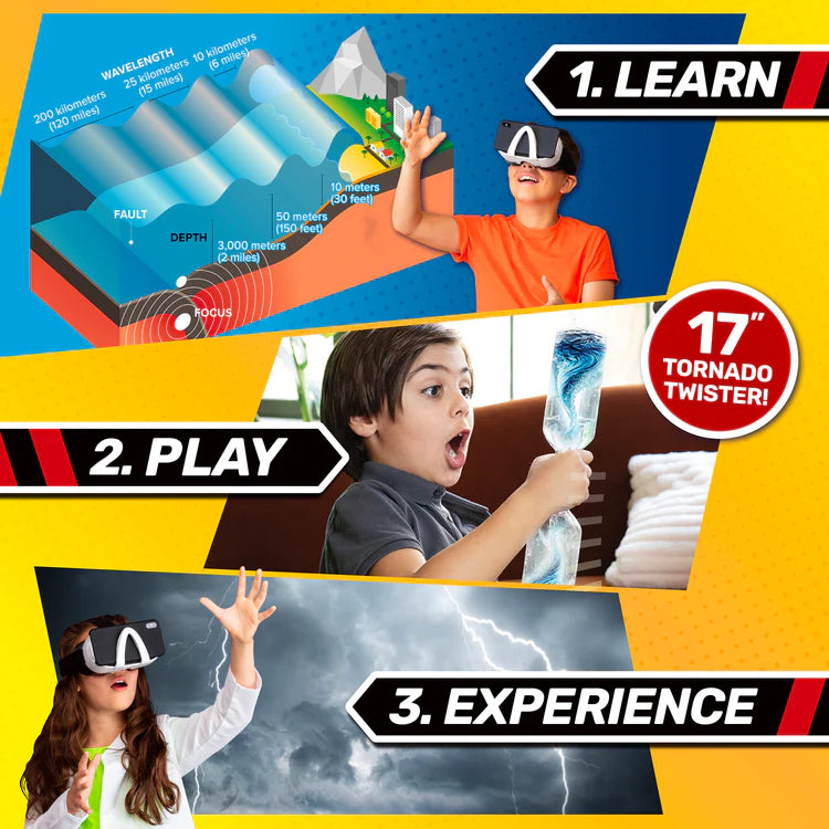 Bill Nye's Xtreme Weather VR promotional graphic for a VR experience with text '1. Learn', '2. Play and 3. Experience