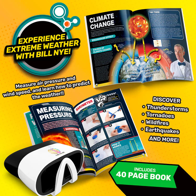 Bill Nye's Xtreme Weather VR educational materials on climate change and weather with a book and device on a yellow background