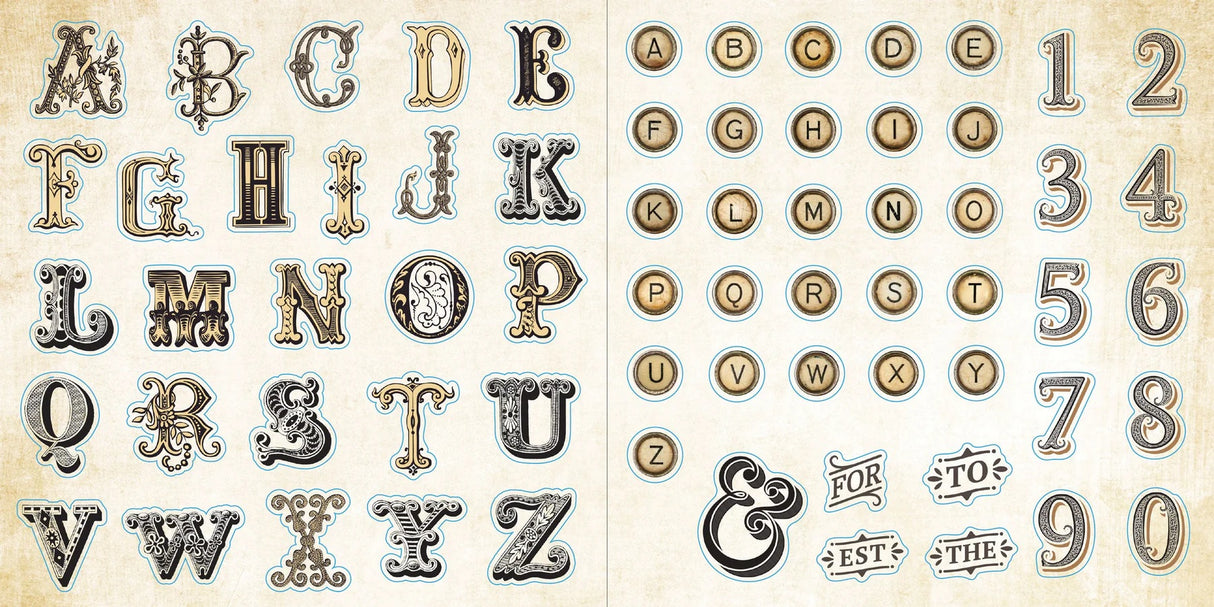 Vintage-style alphabet and number stickers on a beige background