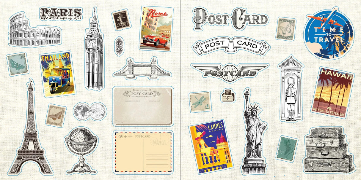 Collection of travel-themed stickers featuring landmarks and postcard designs on a white background.