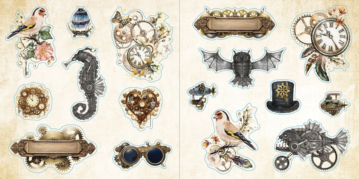 Collection of decorative stickers with steampunk and nature-themed designs on a beige background.
