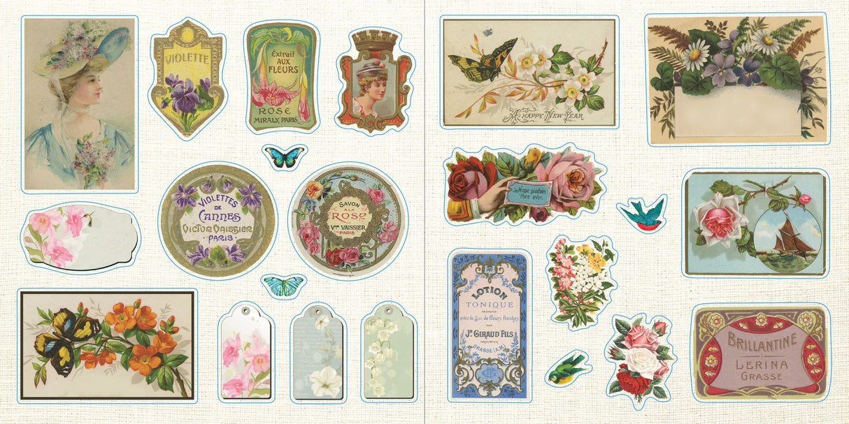 Collection of vintage-style stickers with floral and decorative elements on a white background.