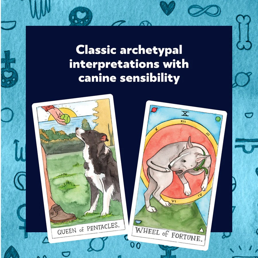 Two Dog Tarot cards with dog illustrations on a blue background with symbols.