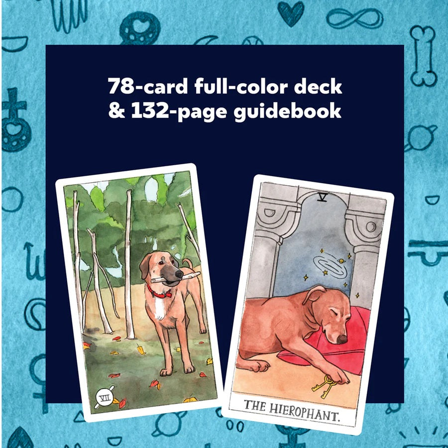 Dog Tarot cards on a blue background with text about a 78-card full-color deck and 132-page guidebook.