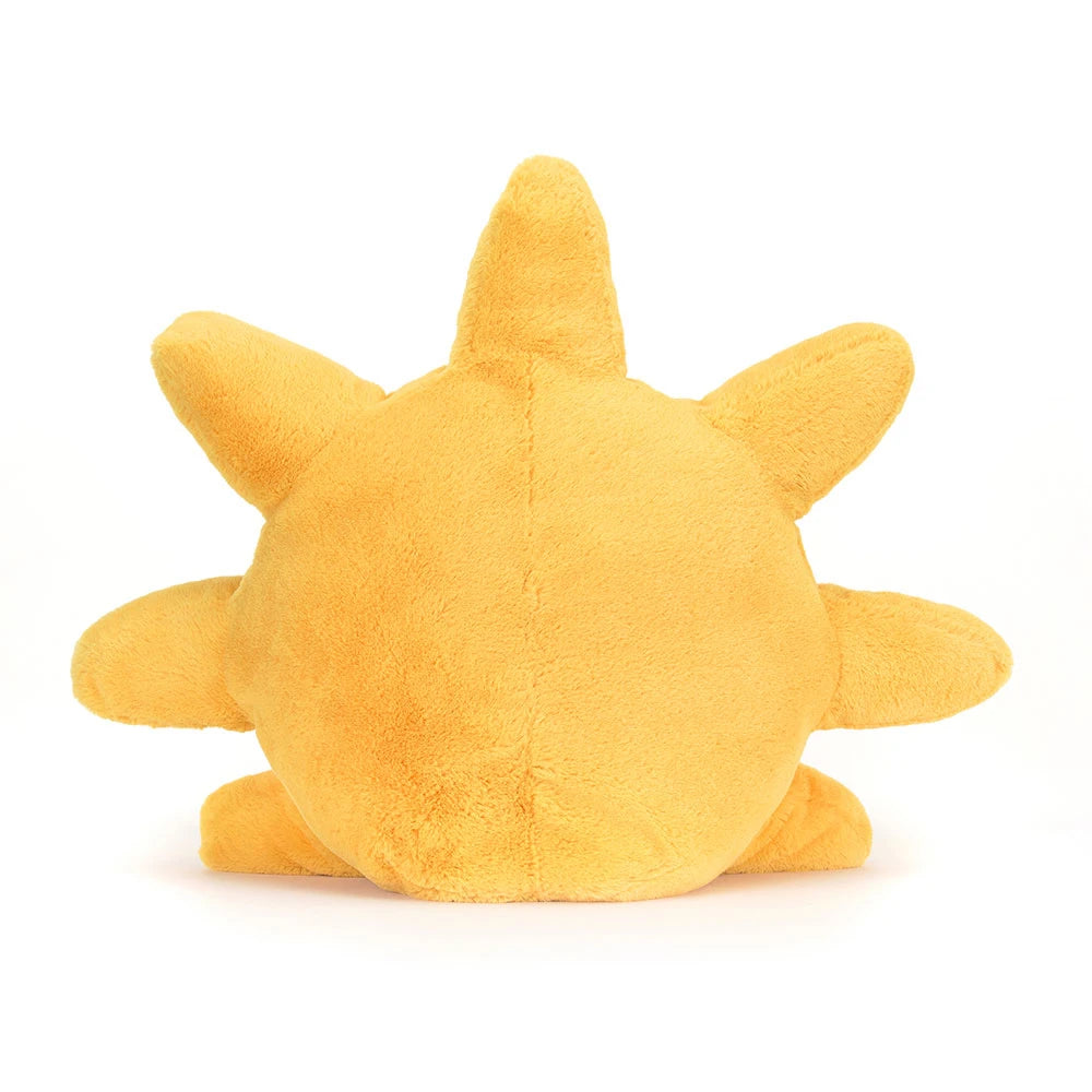 Rear view of a yellow plush Amuseables Sun Huge on a white background