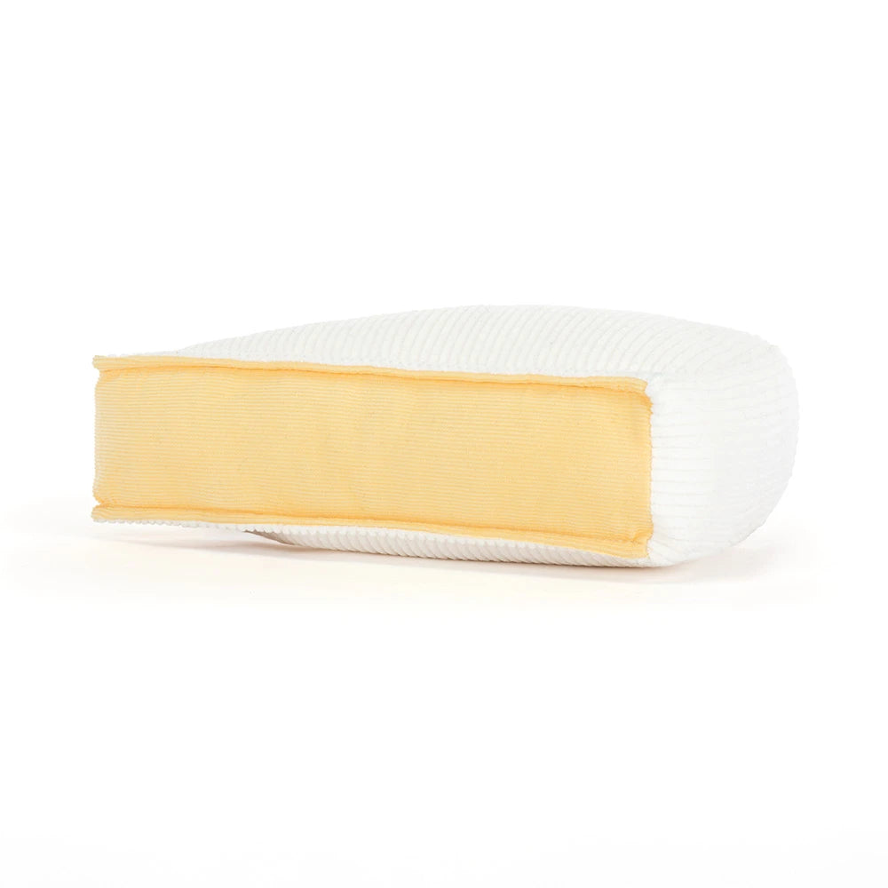 Rear view of a white and yellow Amuseables Brie a white background