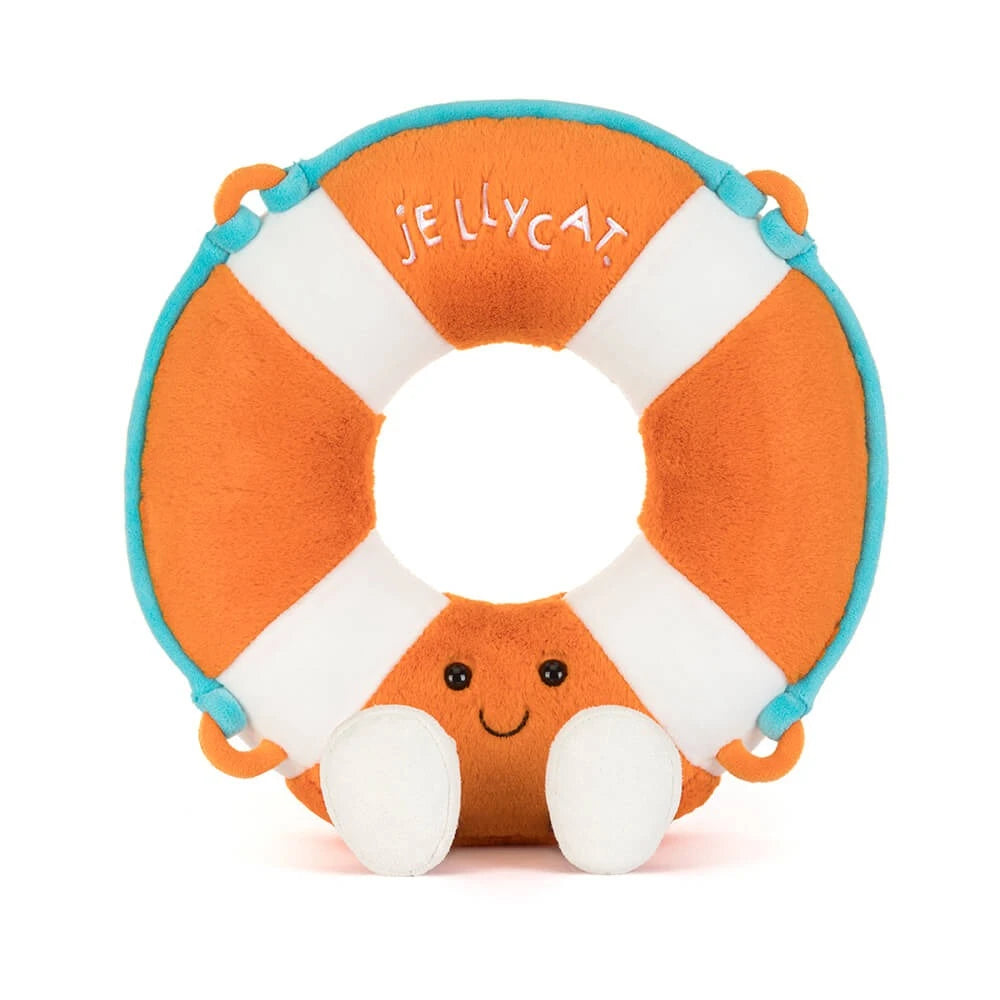 Plush toy Amuseables Life Ringwith a smiling face on a white background, branded with 'Jellycat'.