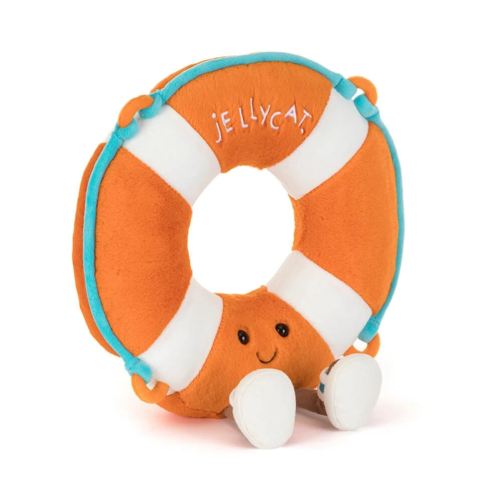 Plush toy Amuseables Life Ring with a smiling face on a white background, branded 'Jellycat'.