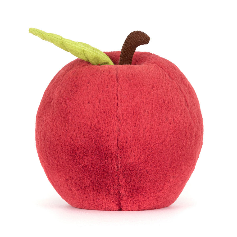 Rear view of a plush toy Amuseables Apple with a green leaf and brown stem on a white background