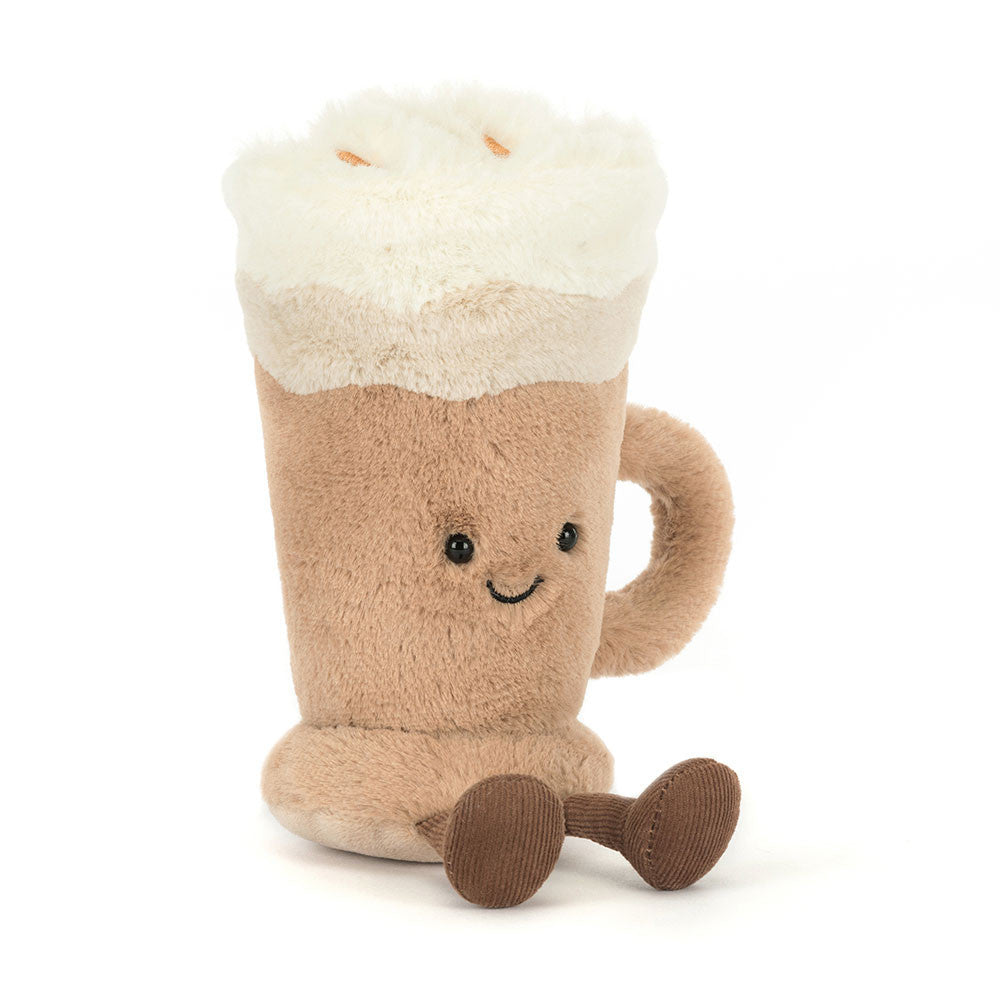 Plush toy shaped like a smiling latte glass with whipped cream top and small brown feet, soft and cuddly Amuseables Latte design.