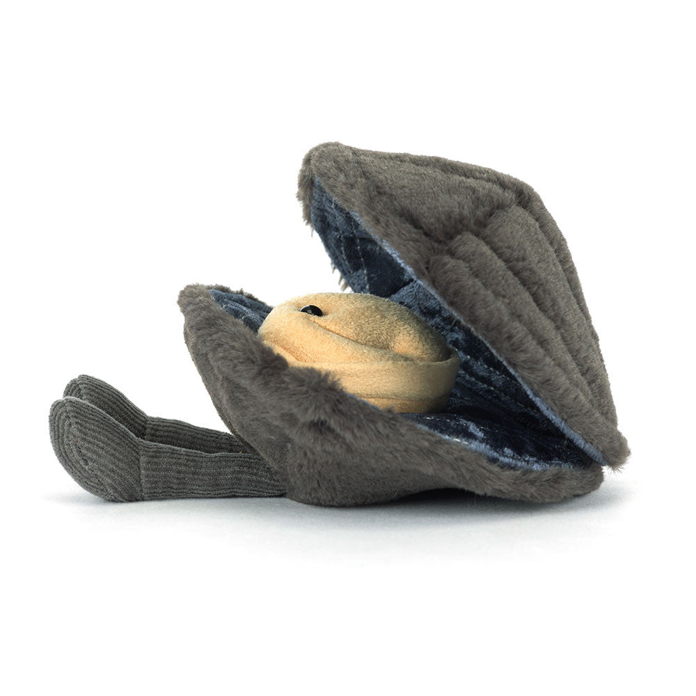 Side view of a plush toy Amuseables Michelle Mussel on a white background