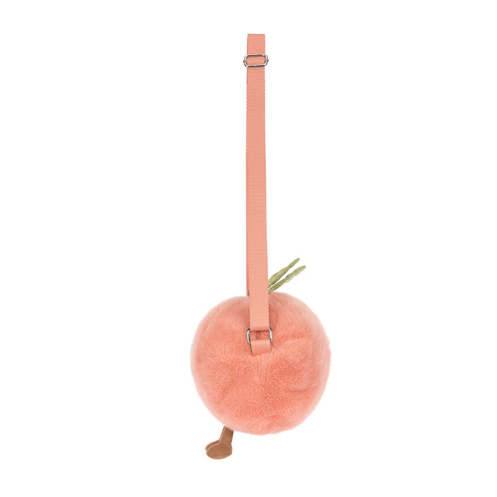 Amuseables Peach Shoulder Bag featuring a soft, round peach-shaped design with a peach-colored strap and small green and brown accents resembling a stem and leaf.