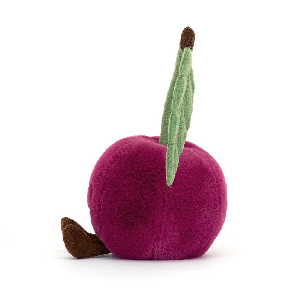 Amuseables Cherry is a soft, plush toy shaped like a deep red cherry with a green felt leaf and a small brown feet, perfect for children’s imaginative play and as a cute stuffed toy.