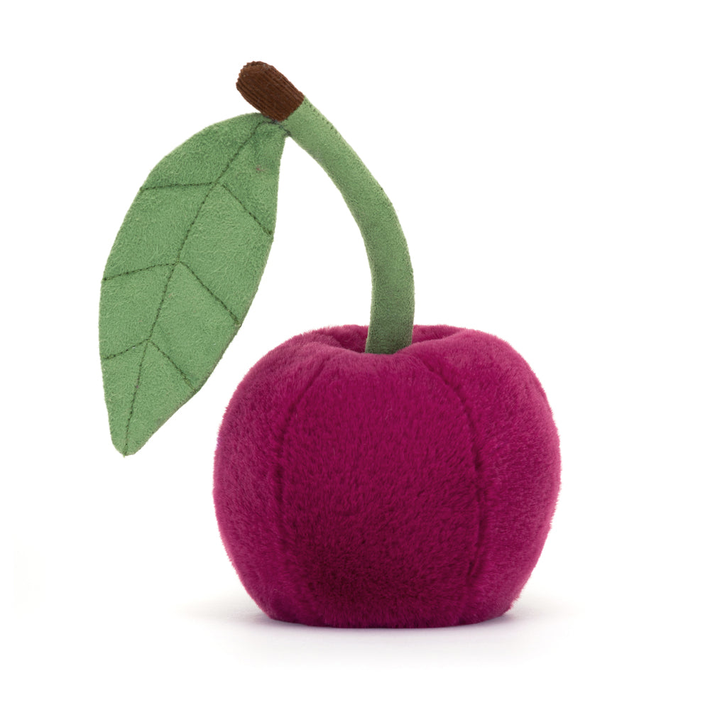 Soft plush toy shaped like a vibrant red cherry with a green stem and leaf, called Amuseables Cherry, perfect as a kid's toy or playful decoration.