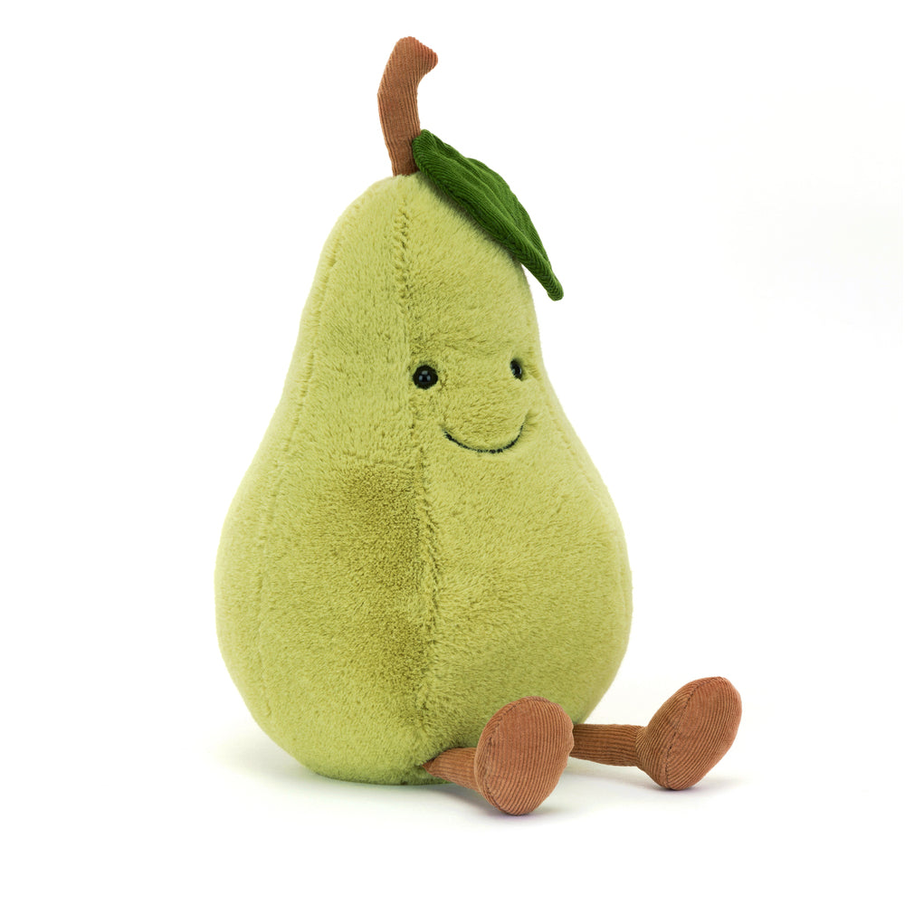 Soft green plush toy shaped like a pear with a smiling face, small black eyes, a brown stem, a green leaf, and brown fabric feet labeled as Amuseables Pear.