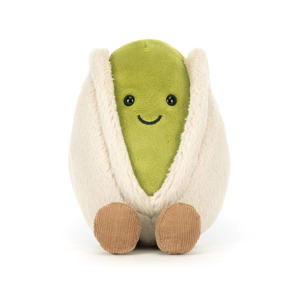 Amuseables Horatio Pistachio is a soft, plush toy shaped like a smiling pistachio nut with beige shell and green body, designed as a cute and cuddly kids' gift.