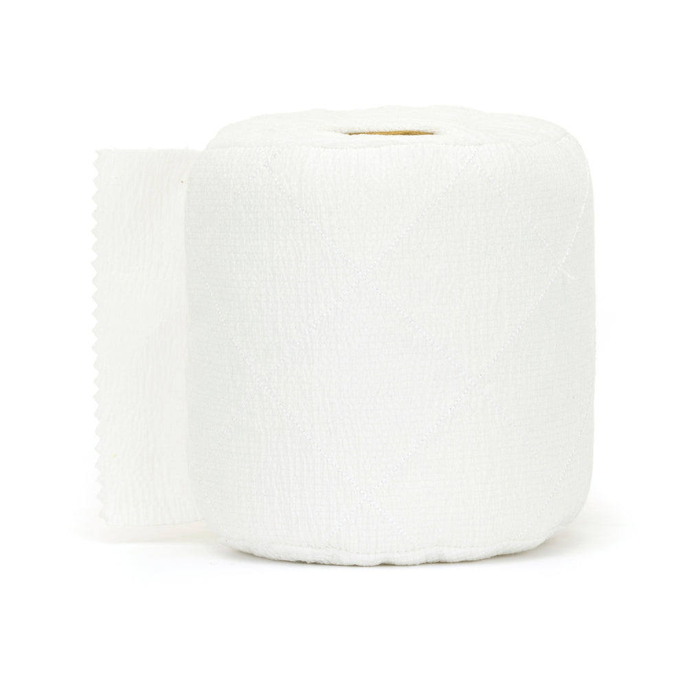 Soft and textured white fabric roll resembling a realistic toilet paper roll, part of the "Toilet Roll Amuseables" collection for playful decor or toys.