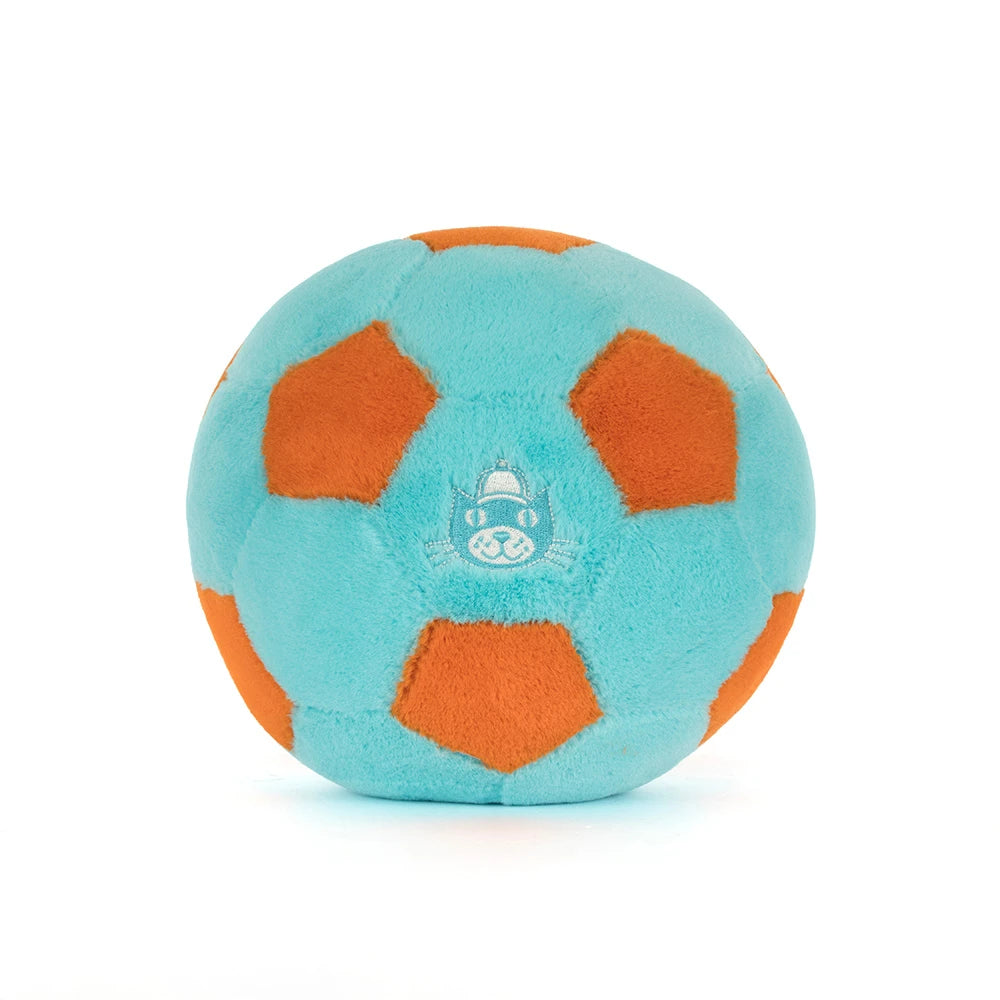 Soft plush ball in bright turquoise and orange colors featuring a subtle smiling character face called Amuseables Jellycat Soccer Ball.